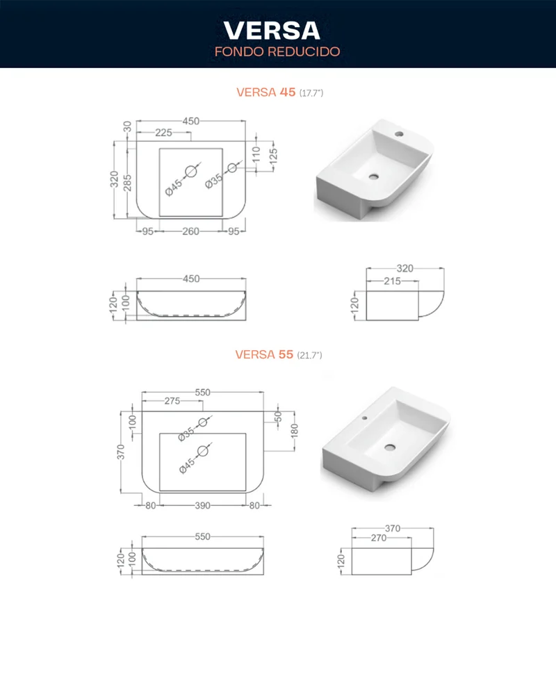 Versa 55 Mueble de Baño Suspendido a Pared Fondo Reducido | 1 cajón 2 Puertas con Lavabo Cerámico | 55cm | Blanco Brillo