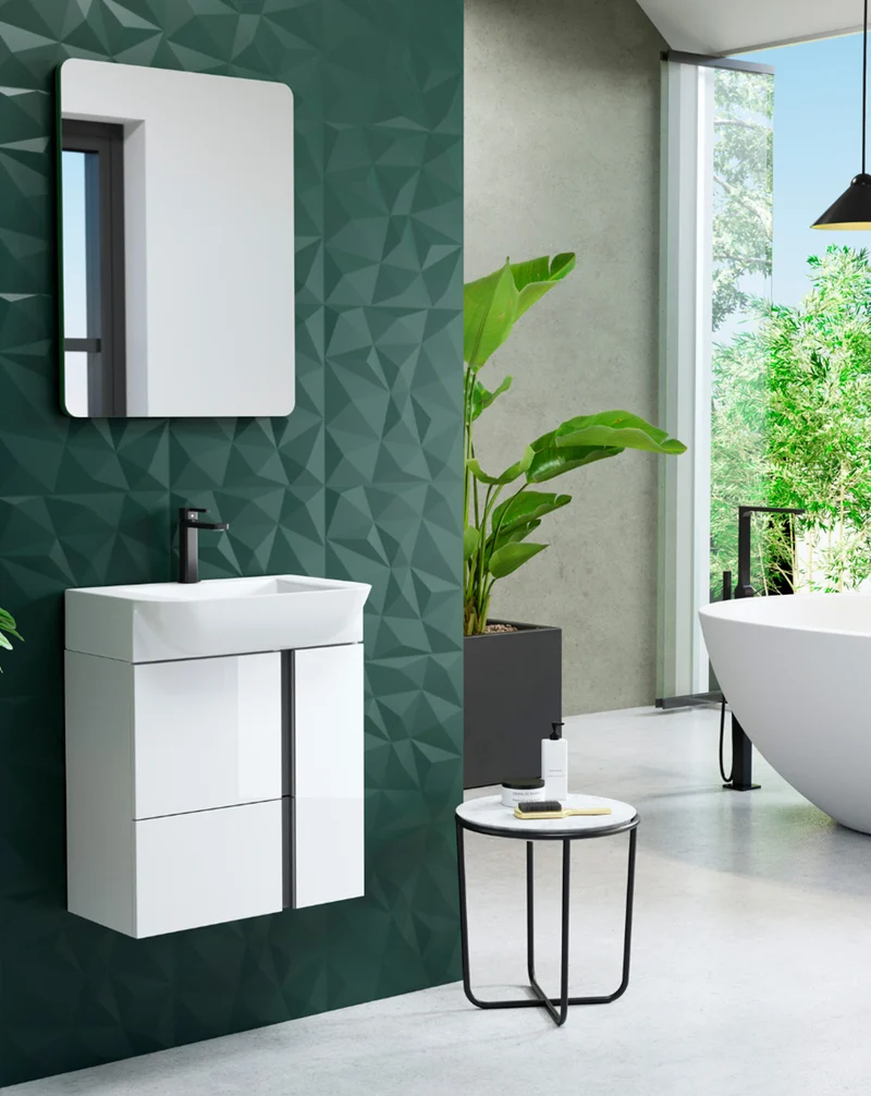 Versa 55 Mueble de Baño Suspendido a Pared Fondo Reducido | 1 cajón 2 Puertas con Lavabo Cerámico | 55cm | Blanco Brillo