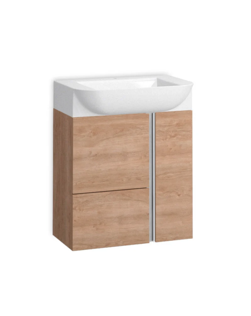 Versa 55 Mueble de Baño Suspendido a Pared Fondo Reducido | 1 cajón 2 Puertas con Lavabo Cerámico | 55cm | Roble Natural