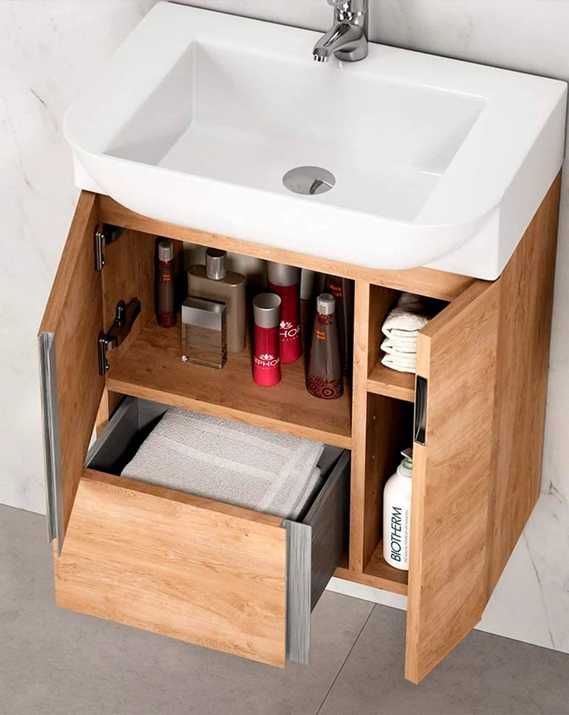 Versa 55 Mueble de Baño Suspendido a Pared Fondo Reducido | 1 cajón 2 Puertas con Lavabo Cerámico | 55cm | Roble Natural