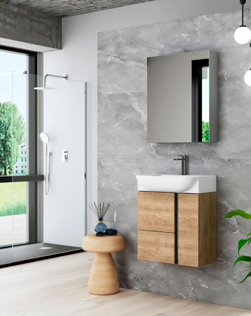 Versa 55 Mueble de Baño Suspendido a Pared Fondo Reducido | 1 cajón 2 Puertas con Lavabo Cerámico | 55cm | Roble Natural