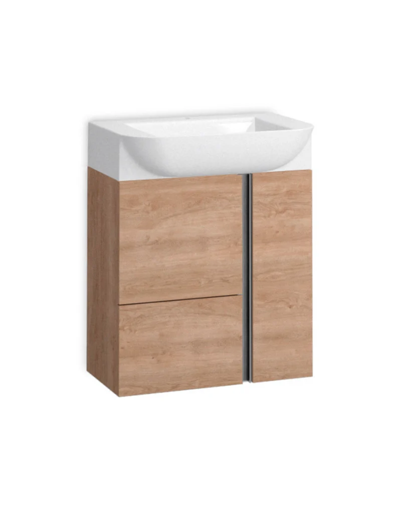 Versa 55 Mueble de Baño Suspendido a Pared Fondo Reducido | 1 cajón 2 Puertas con Lavabo Cerámico | 55cm | Roble Natural