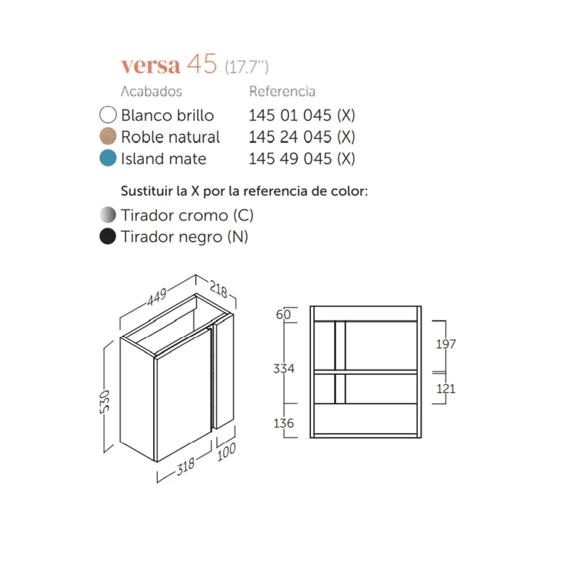 Versa 45 Mueble de Baño Suspendido a Pared Fondo Reducido | Mueble Aseo Volado Pequeño de 1 Puerta y Lavabo Cerámico | 45cm | Roble Natural