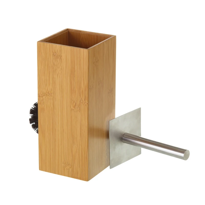 Escobillero cuadrado de pie en madera de bambú y metal. Mide 10x10x23 cm