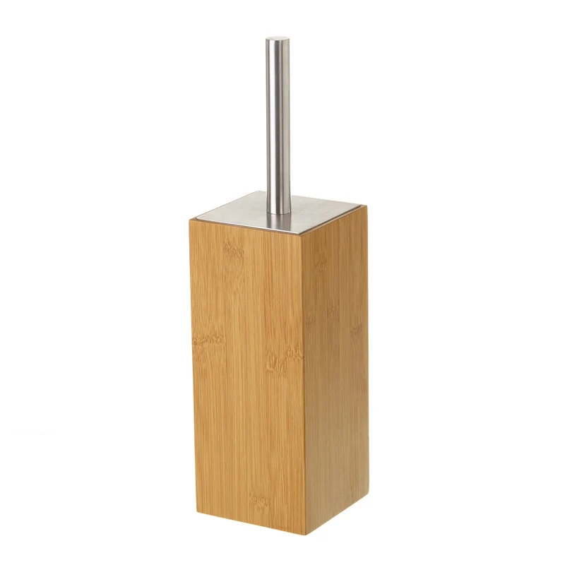 Escobillero cuadrado de pie en madera de bambú y metal. Mide 10x10x23 cm