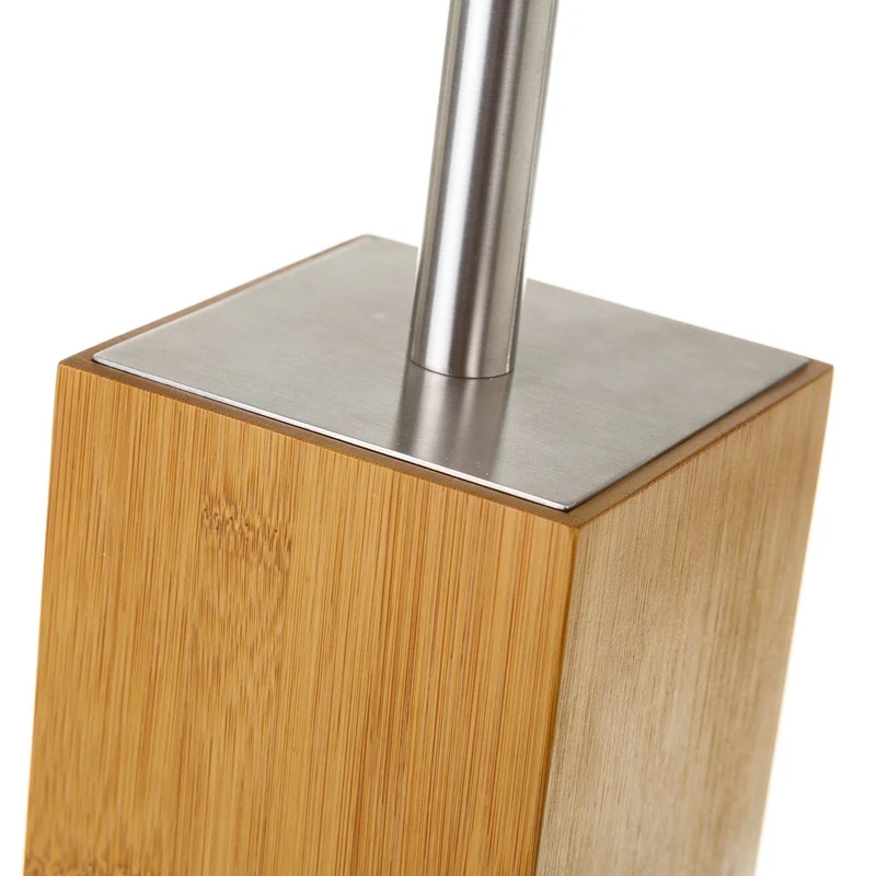 Escobillero cuadrado de pie en madera de bambú y metal. Mide 10x10x23 cm