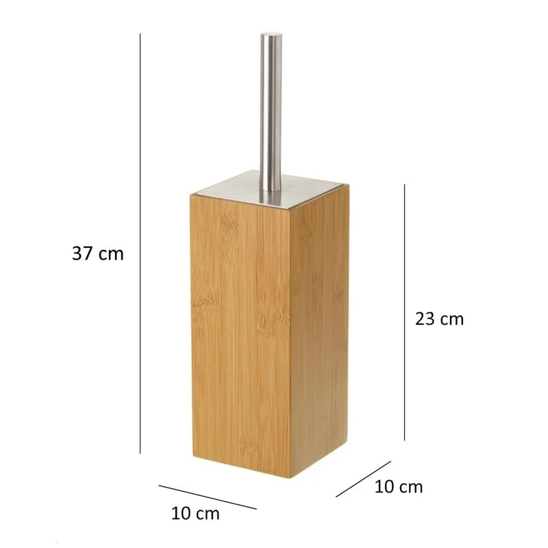 Escobillero cuadrado de pie en madera de bambú y metal. Mide 10x10x23 cm
