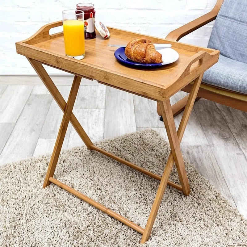 Mesita plegable de bambú marrón con bandeja extraíble de 35x55x61 cm