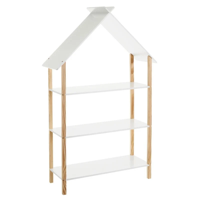 Estantería infantil tipo casa de madera de pino blanca, de 79x30x131 cm
