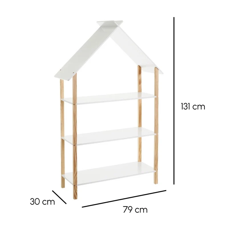 Estantería infantil tipo casa de madera de pino blanca, de 79x30x131 cm