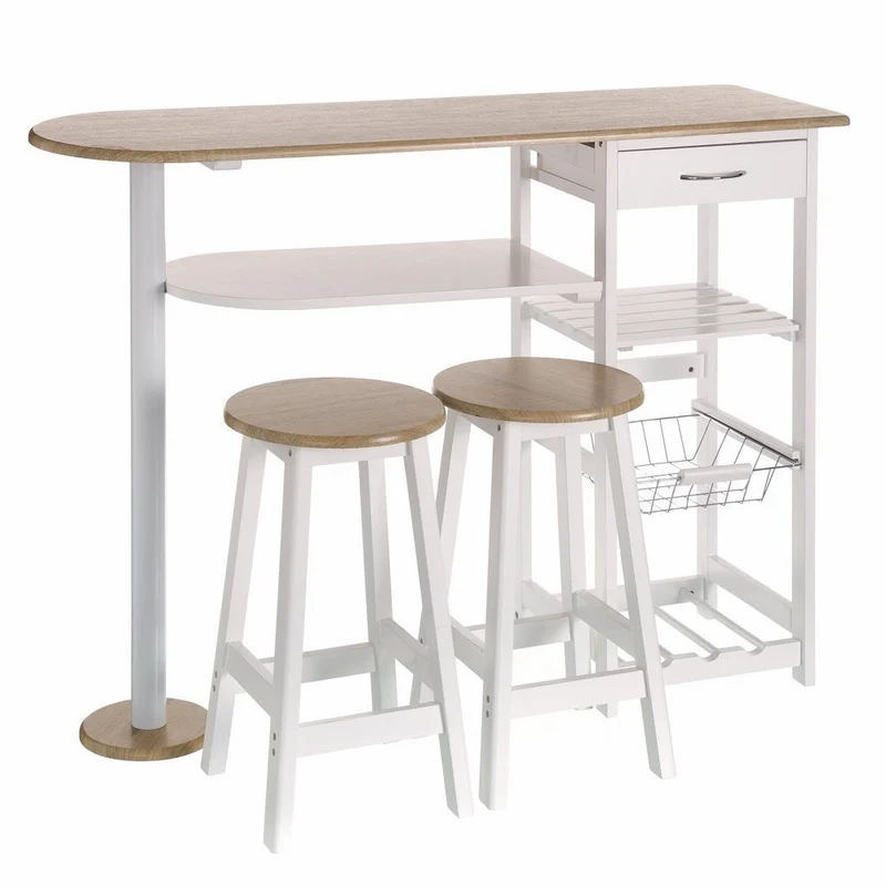 Conjunto de mesa barra de cocina y 2 taburetes en MDF blanco y natural