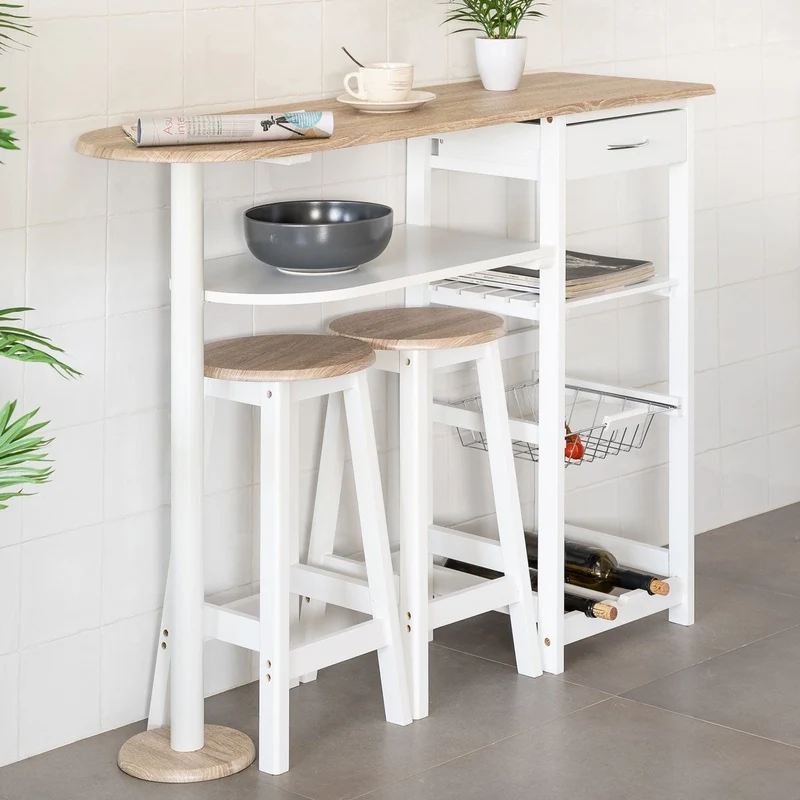 Conjunto de mesa barra de cocina y 2 taburetes en MDF blanco y natural