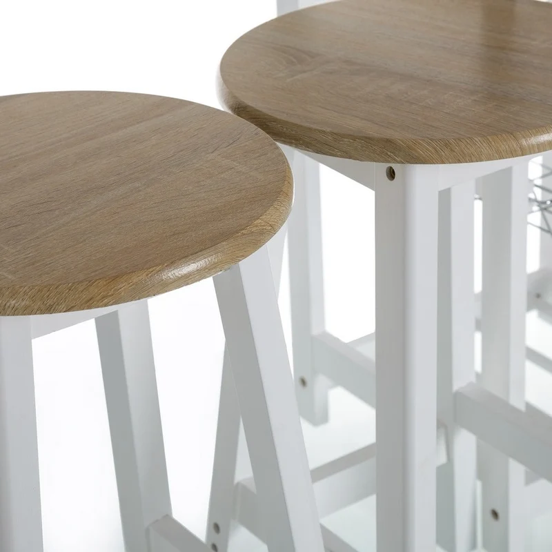 Conjunto de mesa barra de cocina y 2 taburetes en MDF blanco y natural