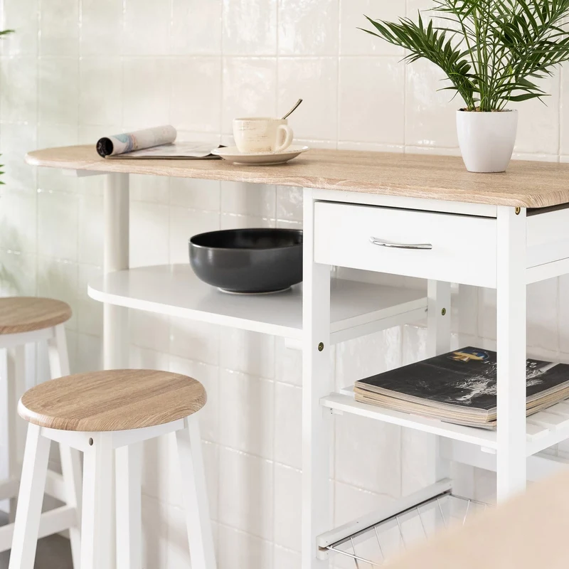Conjunto de mesa barra de cocina y 2 taburetes en MDF blanco y natural