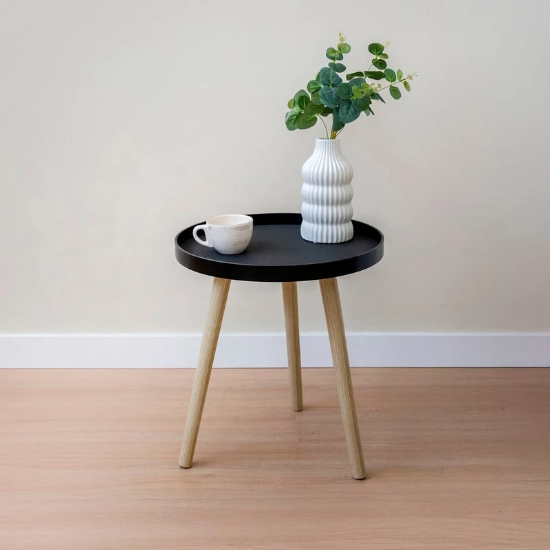 Mesa auxiliar redonda de polipropileno negro y madera de 40x43 cm