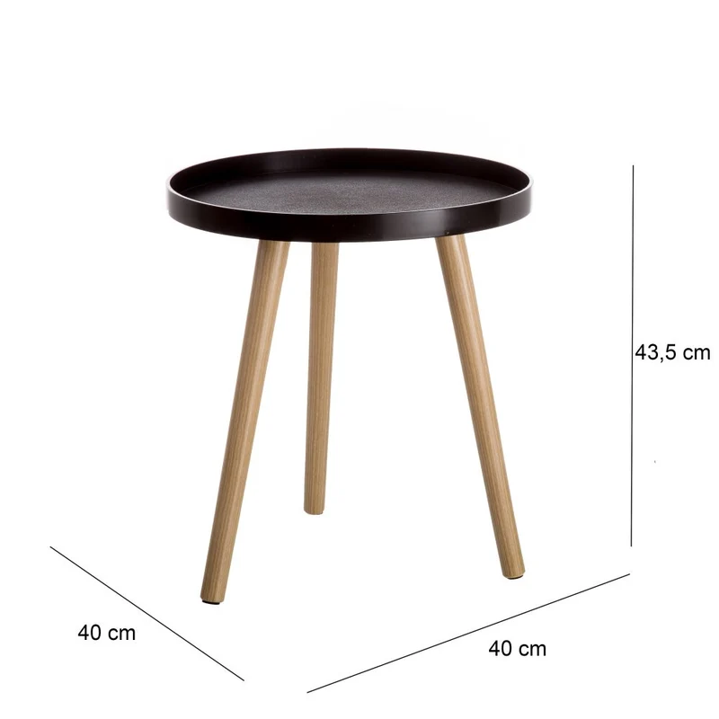 Mesa auxiliar redonda de polipropileno negro y madera de 40x43 cm
