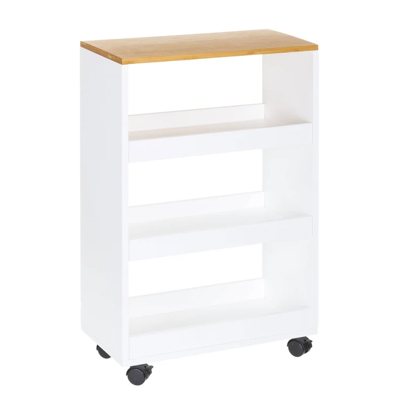 Estantería móvil de madera y bambú, colores blanco y natural de 48x24x77 cm