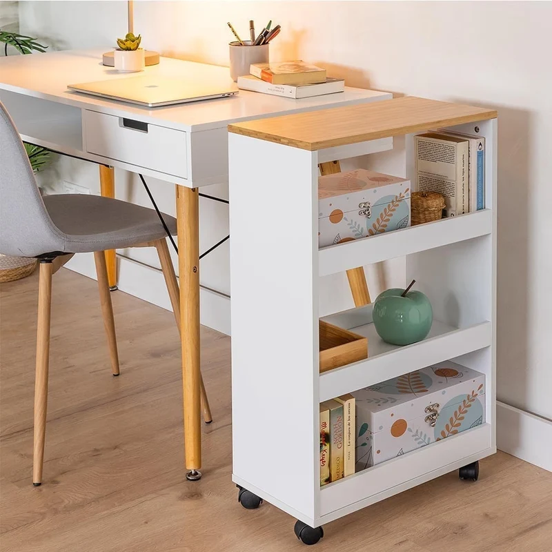 Estantería móvil de madera y bambú, colores blanco y natural de 48x24x77 cm