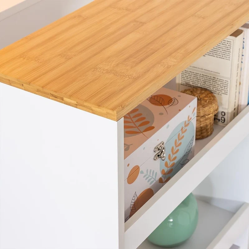Estantería móvil de madera y bambú, colores blanco y natural de 48x24x77 cm
