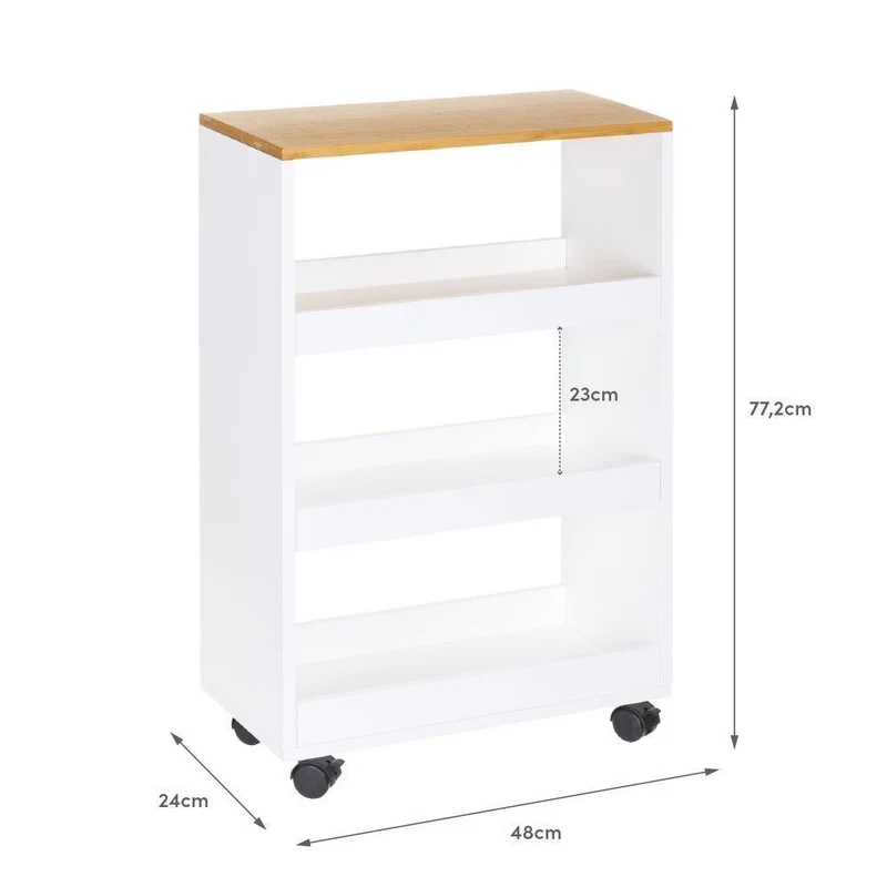 Estantería móvil de madera y bambú, colores blanco y natural de 48x24x77 cm