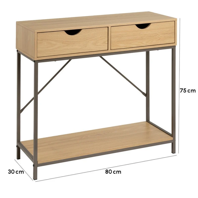 Consola recibidor Urban 2 cajones de metal gris y madera beige 80x30x75 cm