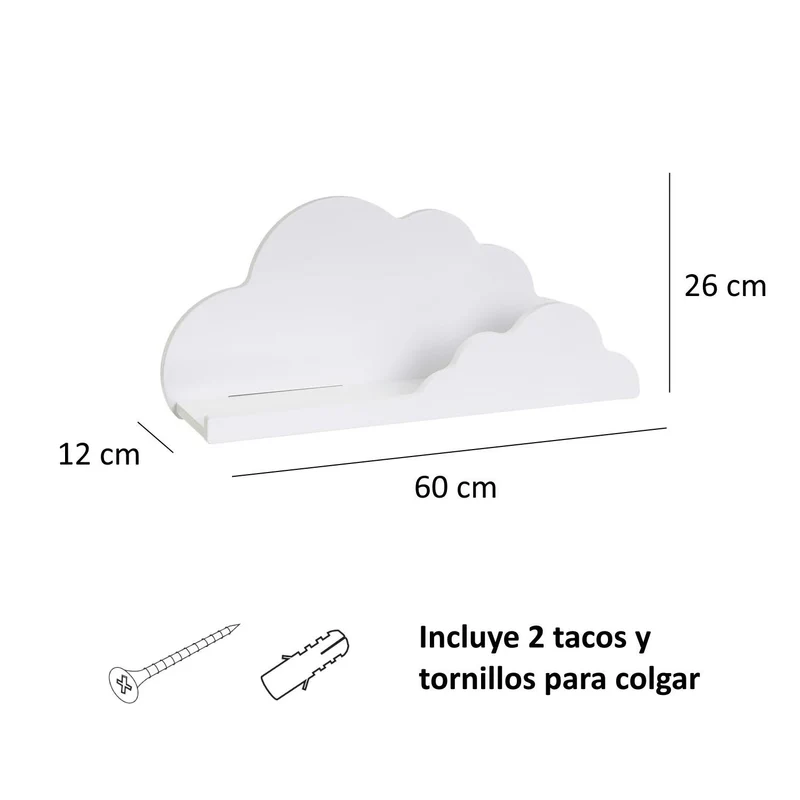 Estante infantil de pared blanco con diseño de nube de 60x12x26 cm