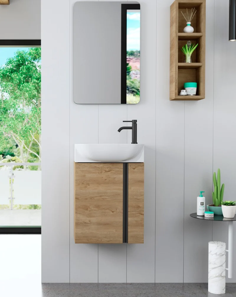 Versa 45 Mueble de Baño Suspendido a Pared Fondo Reducido | Mueble Aseo Volado Pequeño de 1 Puerta y Lavabo Cerámico | 45cm | Roble Natural