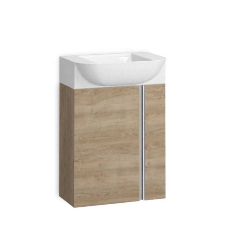 Versa 45 Mueble de Baño Suspendido a Pared Fondo Reducido | Mueble Aseo Volado Pequeño de 1 Puerta y Lavabo Cerámico | 45cm | Roble Natural