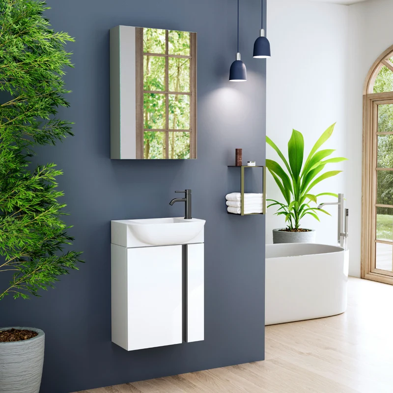 Versa 45 Mueble de Baño Suspendido a Pared Fondo Reducido | Mueble Aseo Volado Pequeño de 1 Puerta y Lavabo Cerámico | 45cm | Blanco Brillo