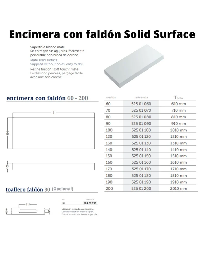 Encimera con Faldón para Baño Solid Surface Suspendida | Fondo 46cm | Espesor 10cm