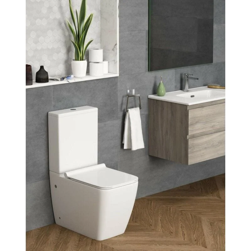 Neptuno Pack Inodoro completo Cuadrado | Blanco Brillo | Fondo Reducido Rimless y Tapa con caída Amortiguada + Bidet a Suelo