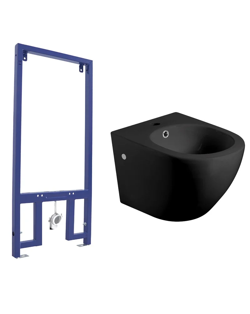 Pack Bidet Suspendido Cerámico de Baño con Bastidor para Bidé | Moderno y Fácil Limpieza Acompañado de Bastidor | Negro Mate