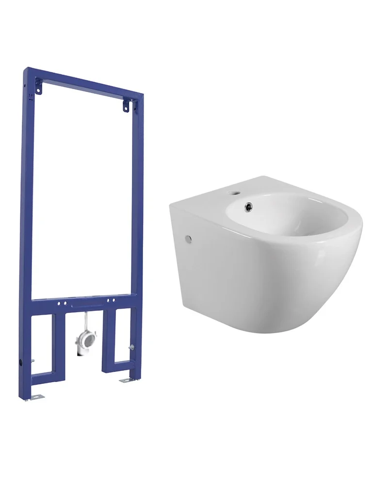 Pack Bidet Suspendido Cerámico de Baño con Bastidor para Bidé | Moderno y Fácil Limpieza Acompañado de Bastidor | Blanco Brillo