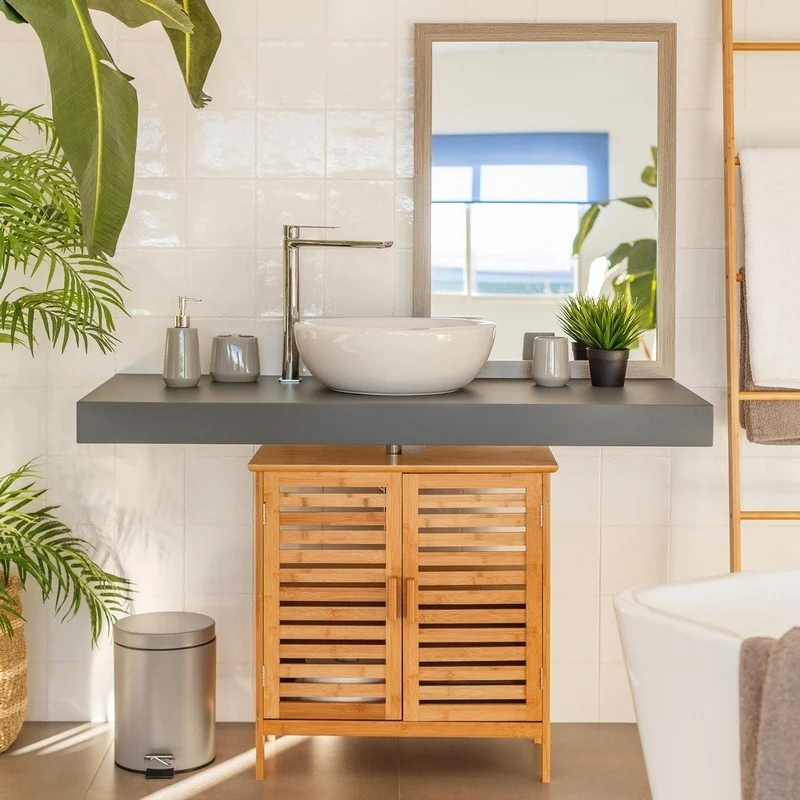Mueble bajo lavabo de bambú marrón con 2 puertas de 60x62x30 cm