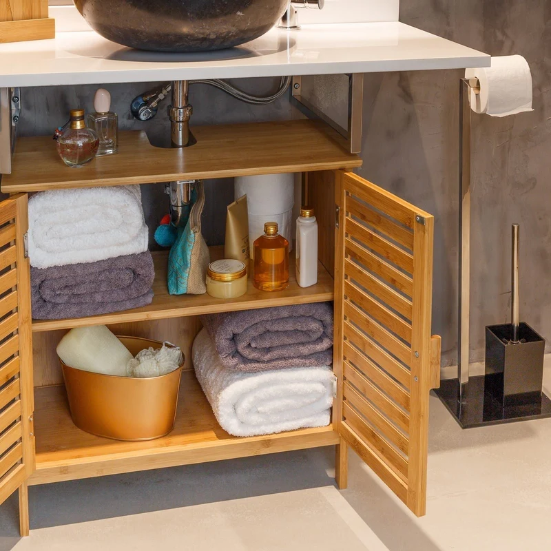 Mueble bajo lavabo de bambú marrón con 2 puertas de 60x62x30 cm