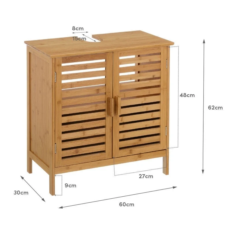 Mueble bajo lavabo de bambú marrón con 2 puertas de 60x62x30 cm