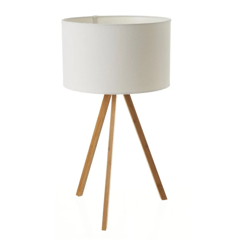 Lámpara de mesa trípode en bambú natural y pantalla lino blanco de 30x55 cm