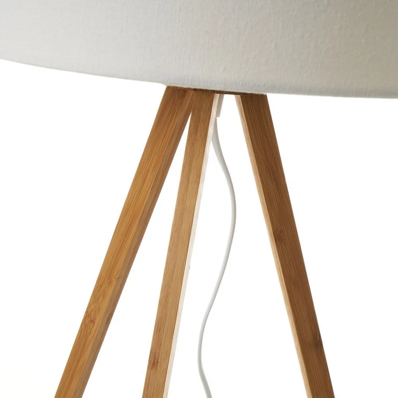 Lámpara de mesa trípode en bambú natural y pantalla lino blanco de 30x55 cm