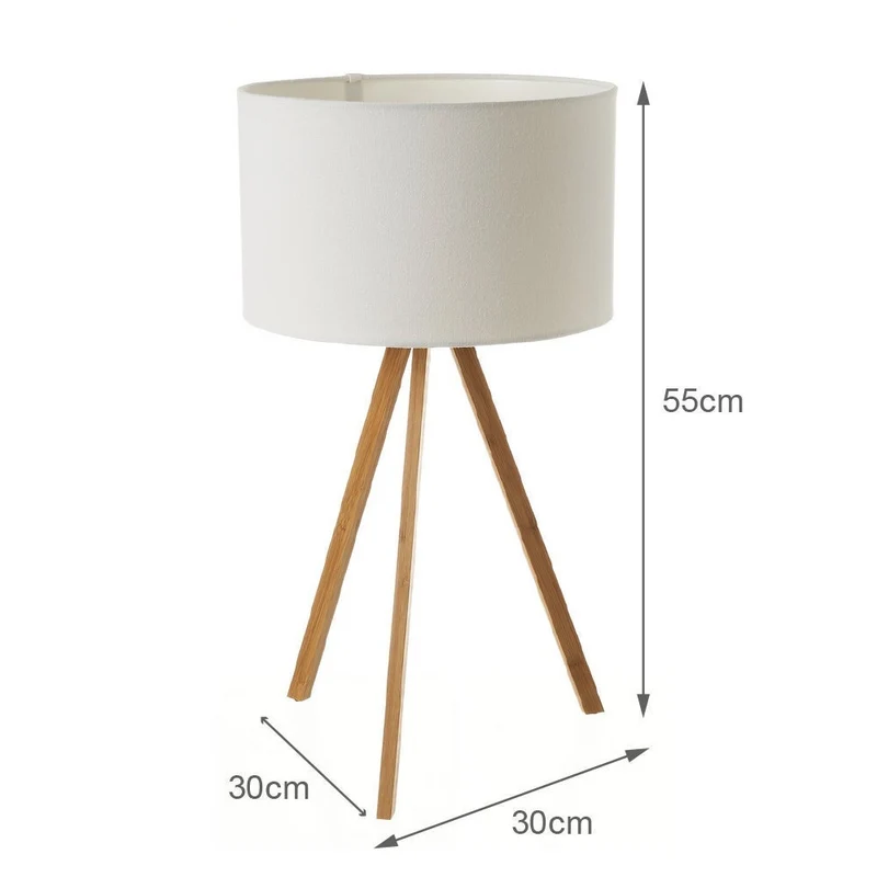 Lámpara de mesa trípode en bambú natural y pantalla lino blanco de 30x55 cm
