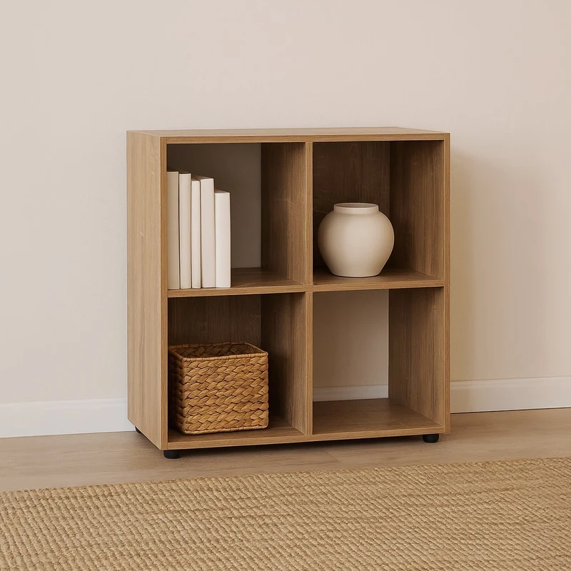 Estantería Cubo con 4 huecos de laminado color roble de 62x60x30 cm