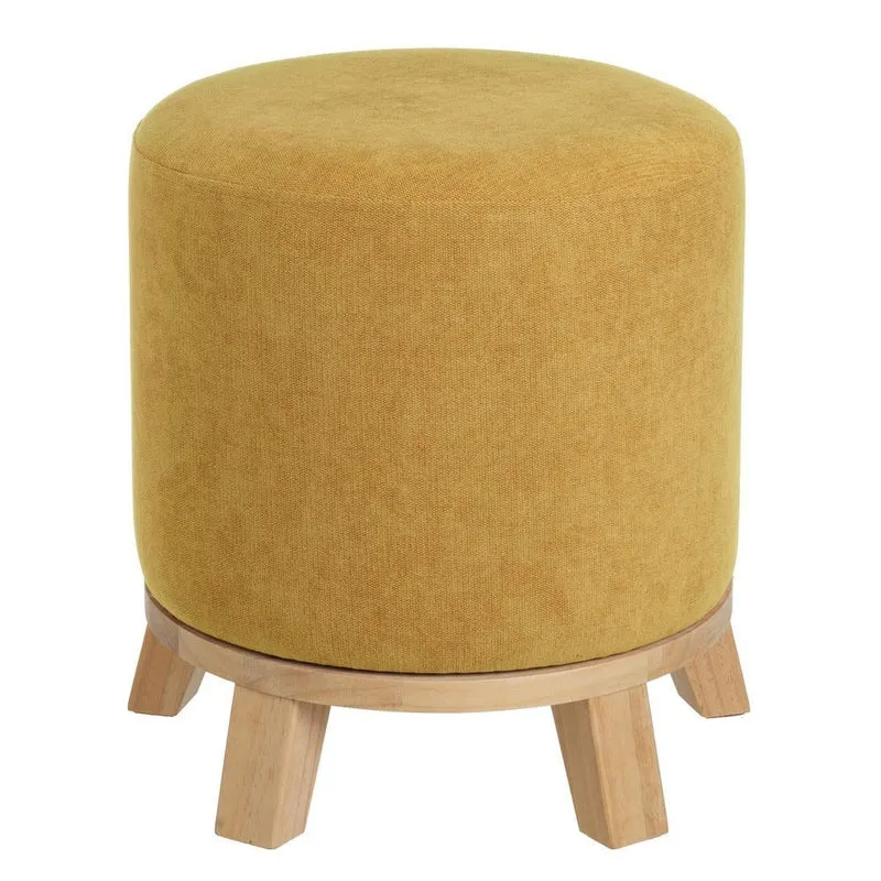 Puff redondo de madera y tejido de chenilla mostaza de 40x45 cm