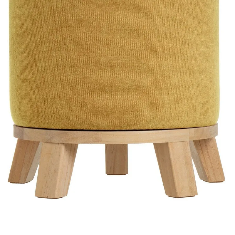 Puff redondo de madera y tejido de chenilla mostaza de 40x45 cm