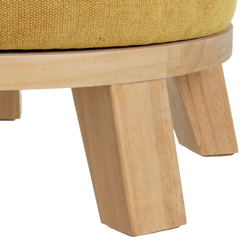 Puff redondo de madera y tejido de chenilla mostaza de 40x45 cm