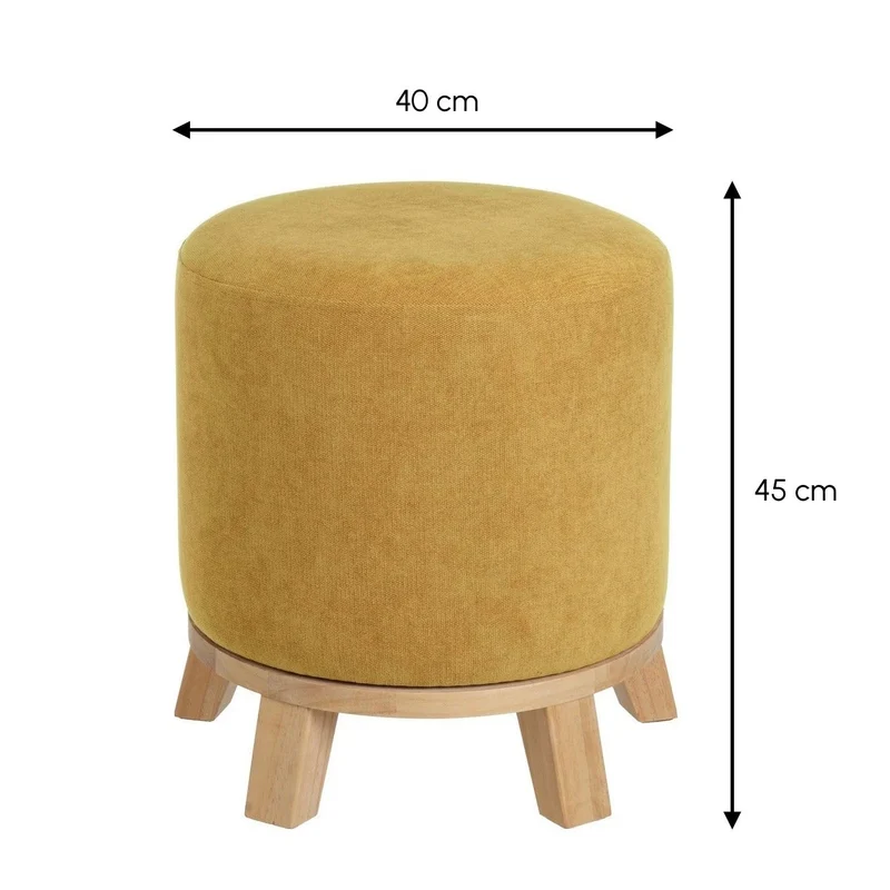 Puff redondo de madera y tejido de chenilla mostaza de 40x45 cm