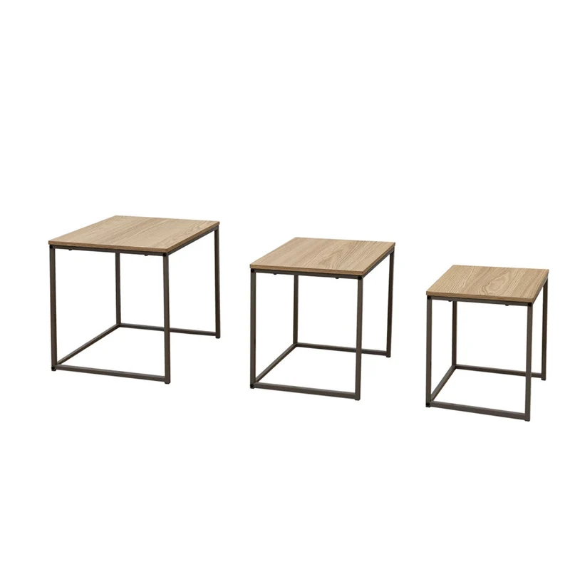 Set de 3 mesitas nido cubo en metal y madera color moka efecto natural