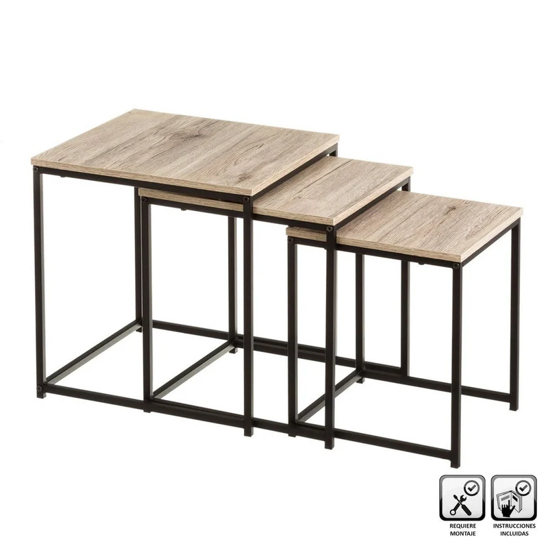 Set 3 mesas nido de metal negro y tablero color roble de 40cm, 35cm y 30cm