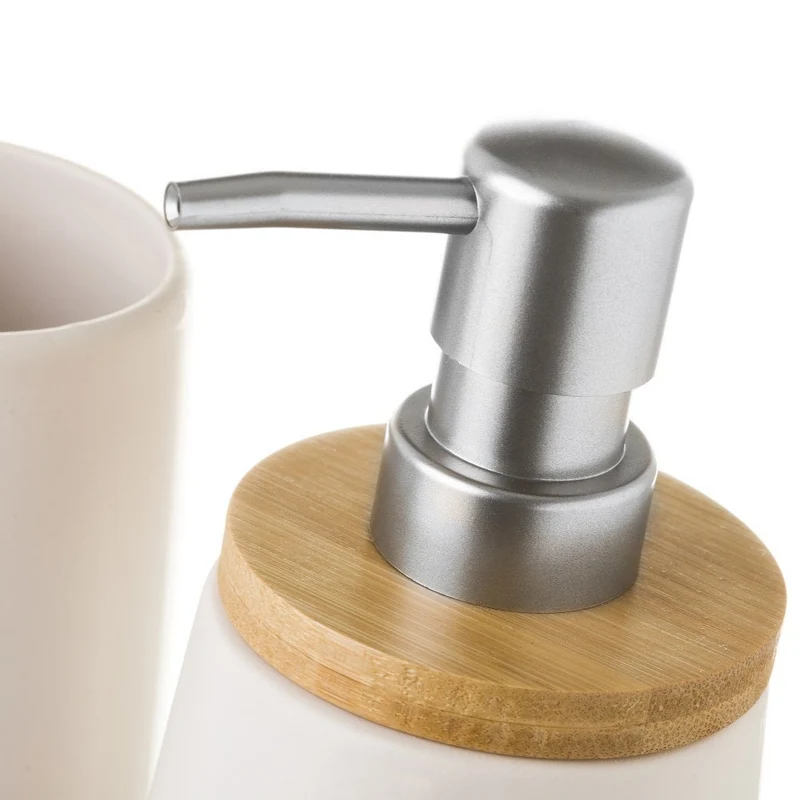 Set de dispensador y portacepillos de baño en cerámica blanca y bambú
