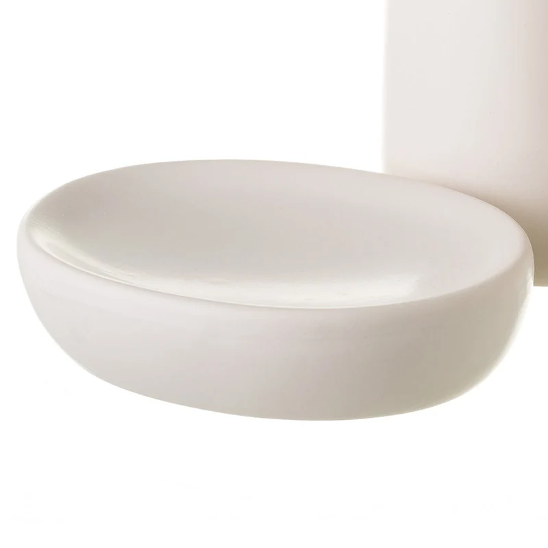 Set de dispensador y portacepillos de baño en cerámica blanca y bambú
