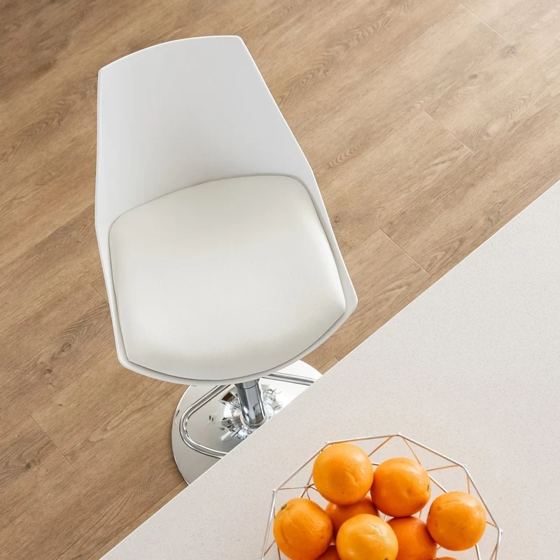Taburete de cocina regulable en altura blanco y metal con respaldo alto