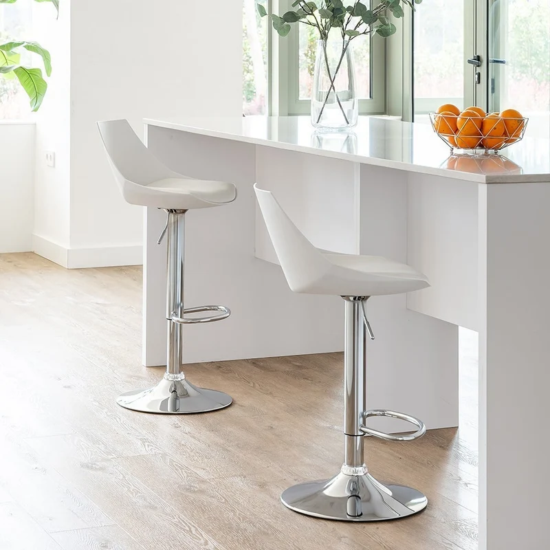 Taburete de cocina regulable en altura blanco y metal con respaldo alto